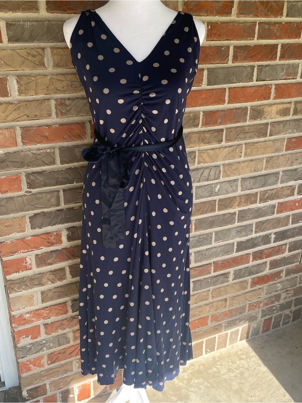 Velvet By Graham & Spencer Navy Polka Dot Sleeveless Midi Dress with Belt